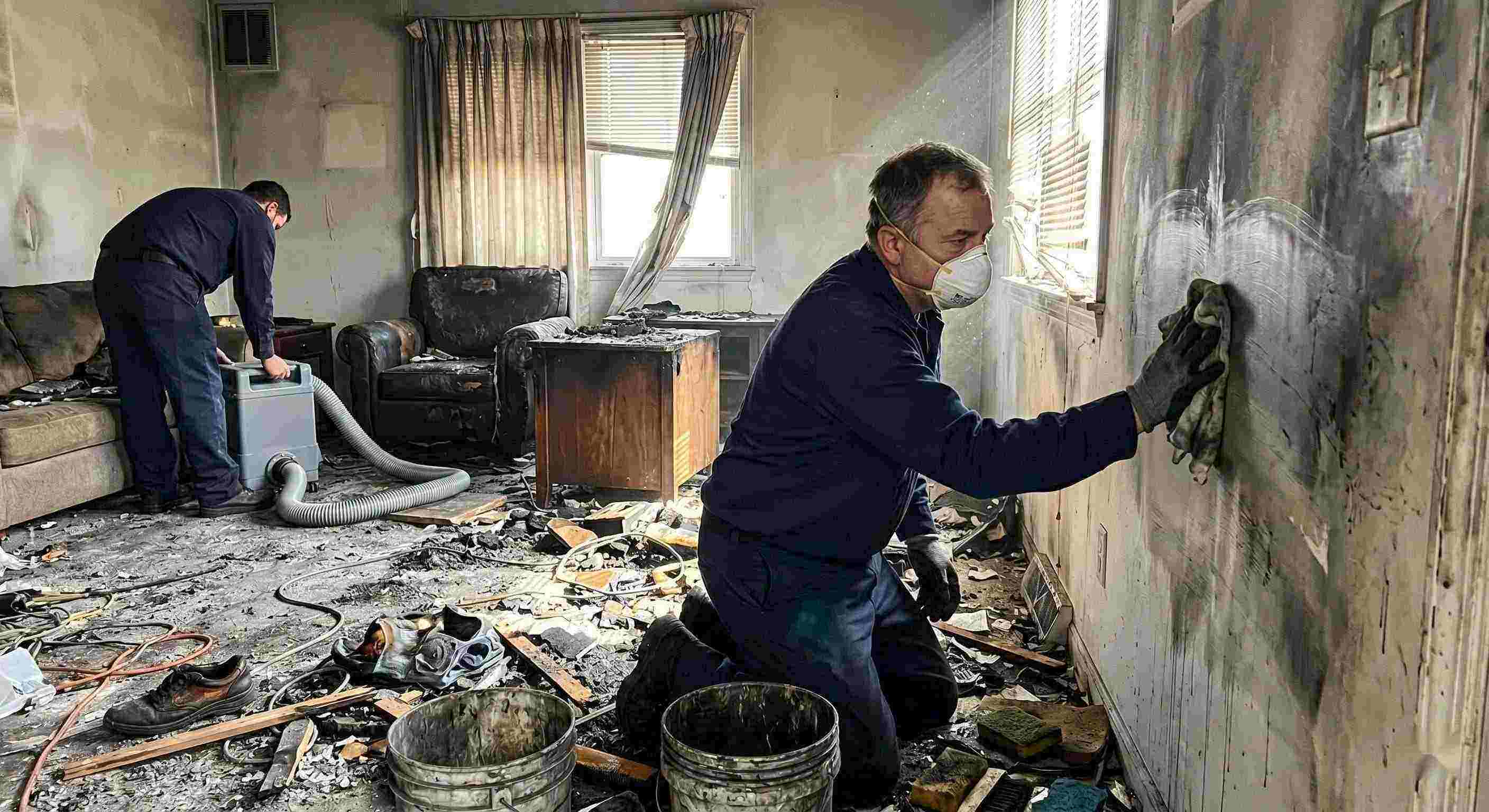 Technician performing soot removal in a fire-damaged home in Chesapeake, carefully cleaning walls and surfaces covered in smoke residue and ash