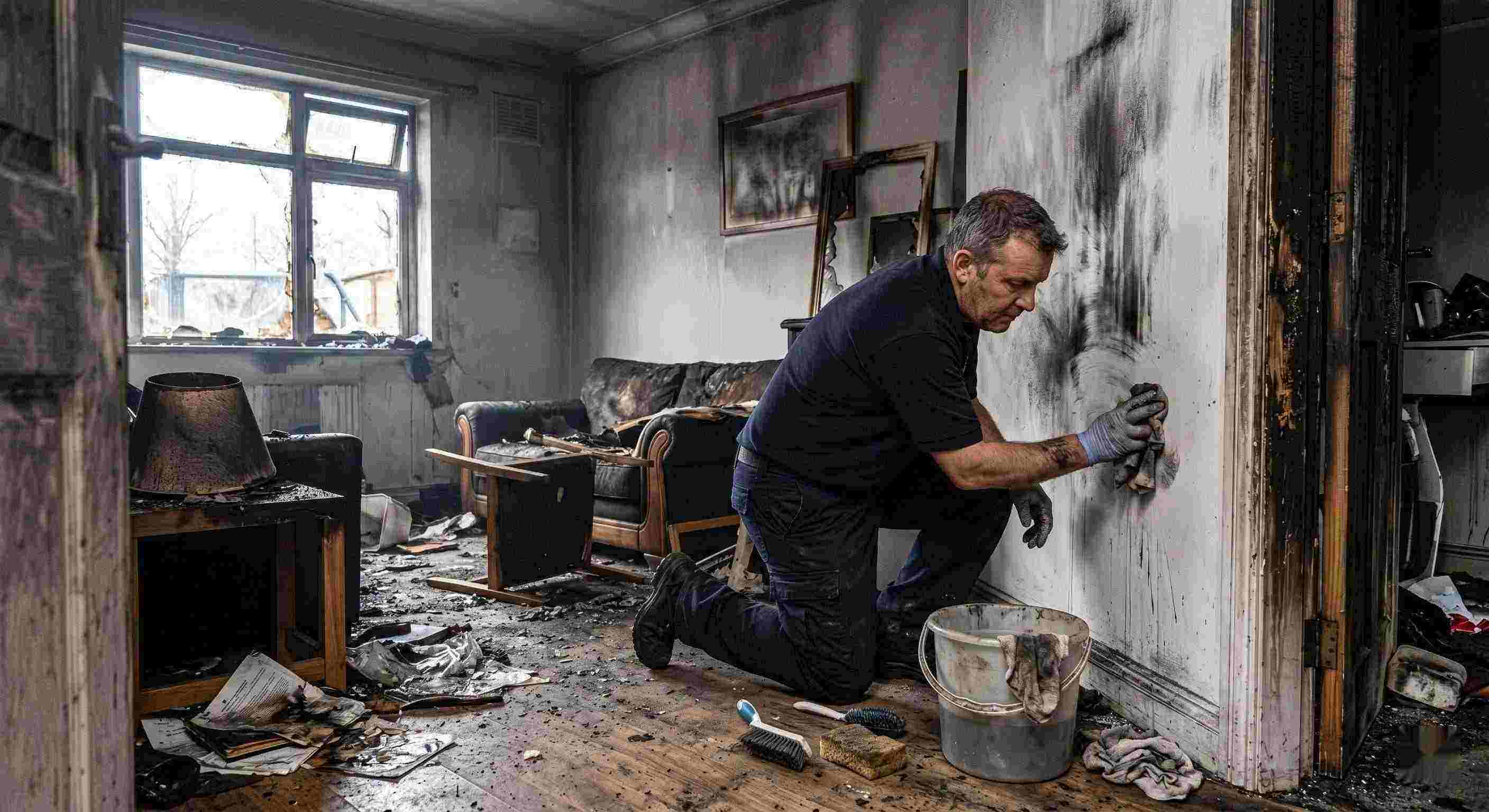 Technician performing soot removal in a fire-damaged home in Chesapeake, restoring smoke-damaged walls and surfaces.