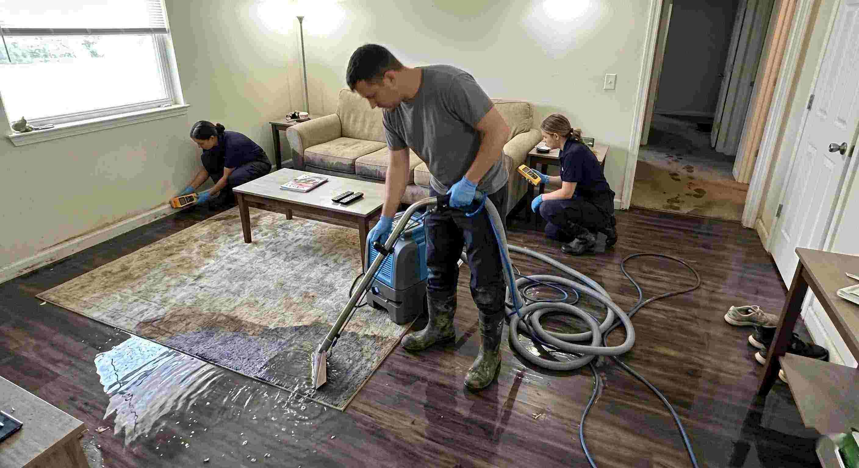 Standing water extraction service removing pooled water inside a home in Chesapeake