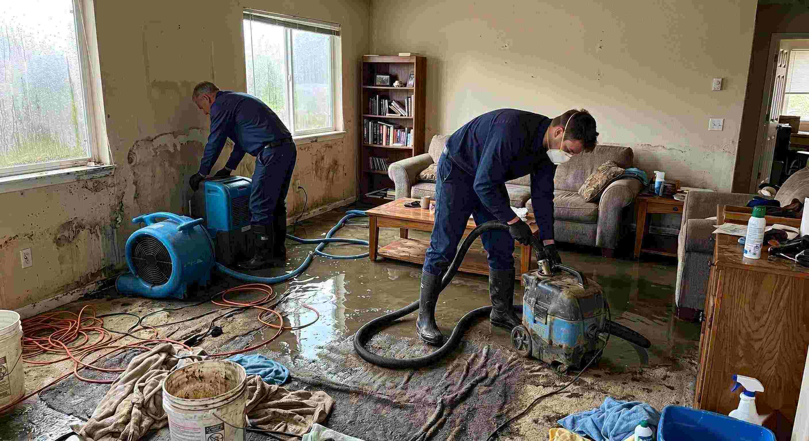 Storm water damage cleanup in a residential home showing technicians removing standing water and setting up drying equipment in Chesapeake.