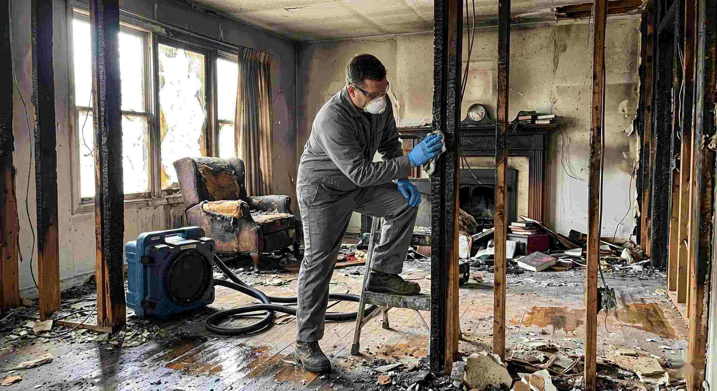 Fire damage structural cleaning after a residential fire in Chesapeake showing soot-covered beams, charred walls, and a technician restoring the home.
