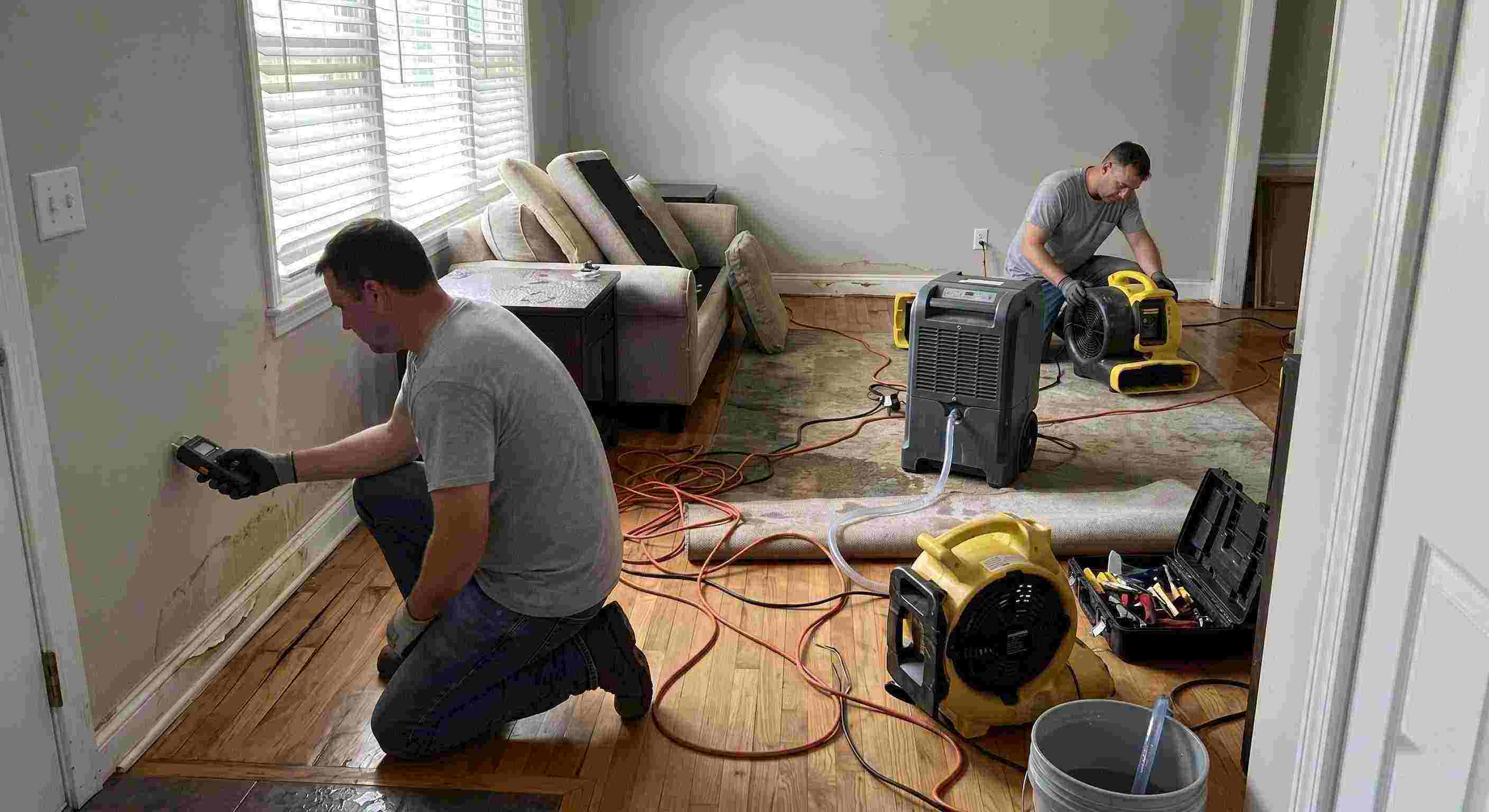 structural drying and dehumidification equipment removing moisture inside a water damaged home in Chesapeake