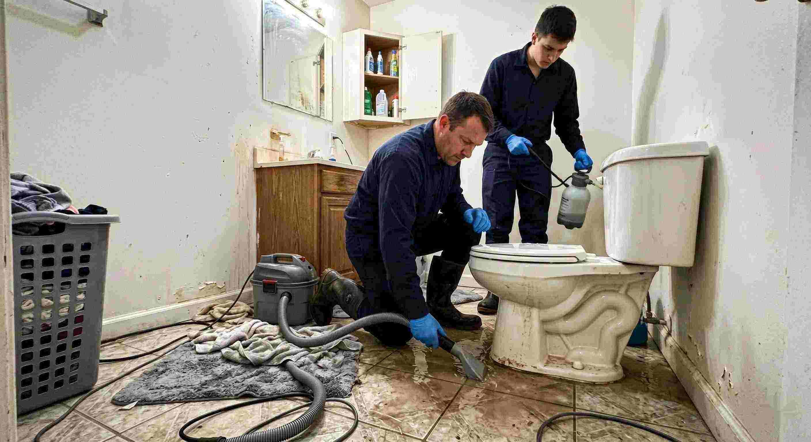 toilet overflow cleanup service in Chesapeake with technicians extracting contaminated water from bathroom floor