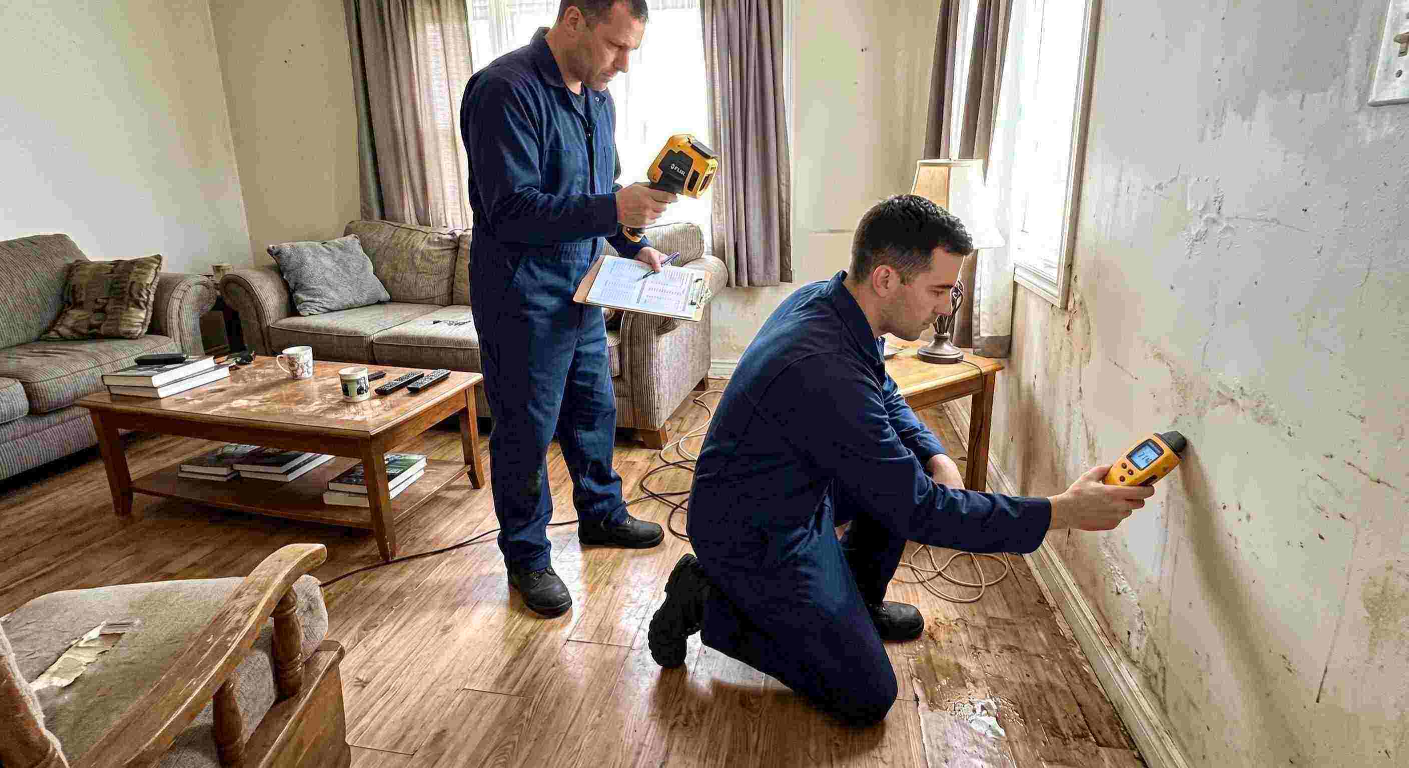 Professional water damage inspection technician using moisture meter and thermal imaging in Frederick home