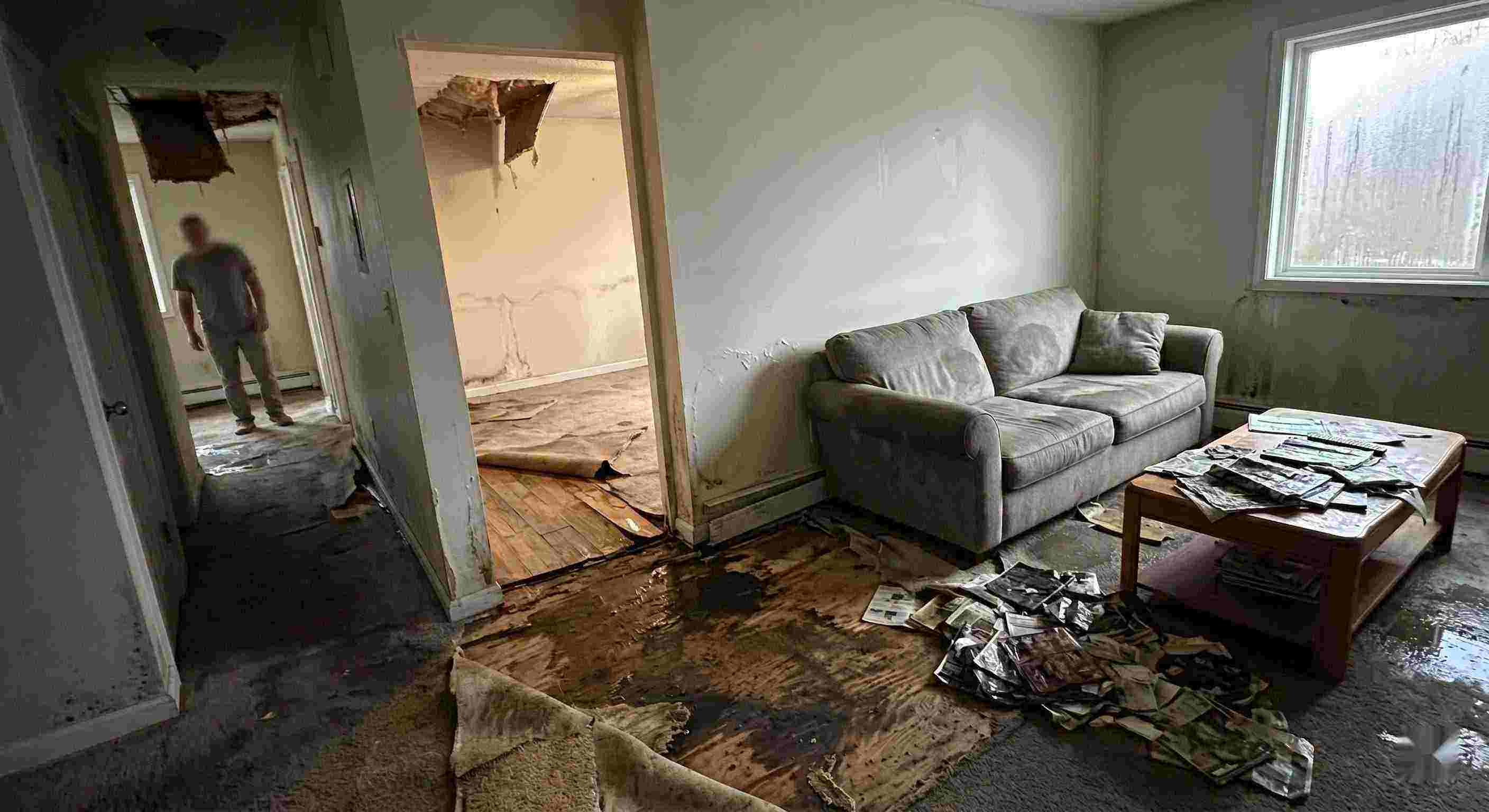 Expert severe indoor water damage in Frederick home with soaked floors, peeling walls, and structural deterioration
