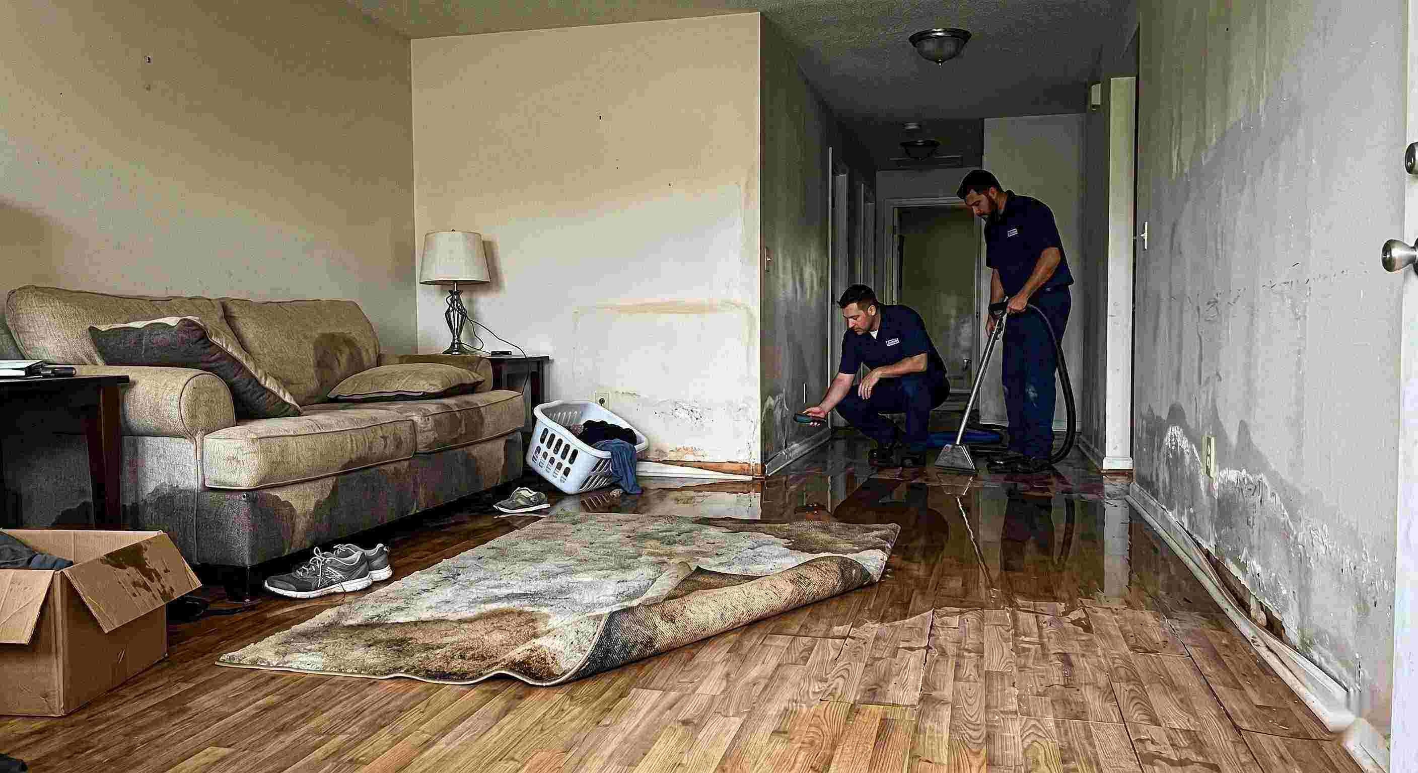 water damage spreading across floors and walls inside a home in Chesapeake showing soaked flooring and structural impact