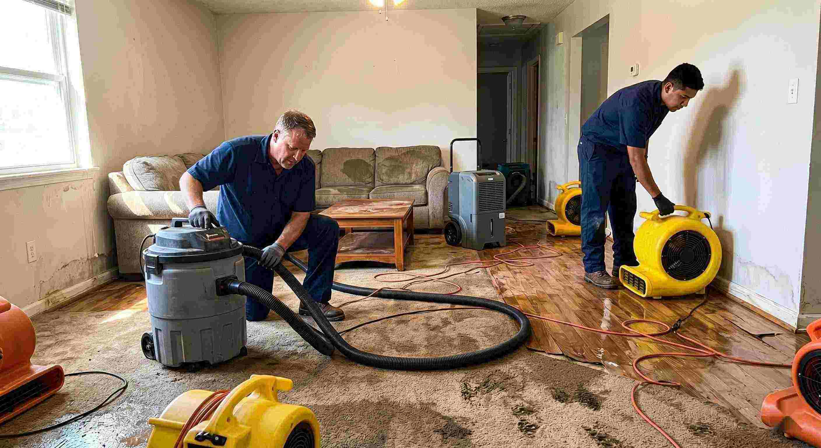 Local water extraction and drying service in Frederick removing standing water and moisture from flooded home interior