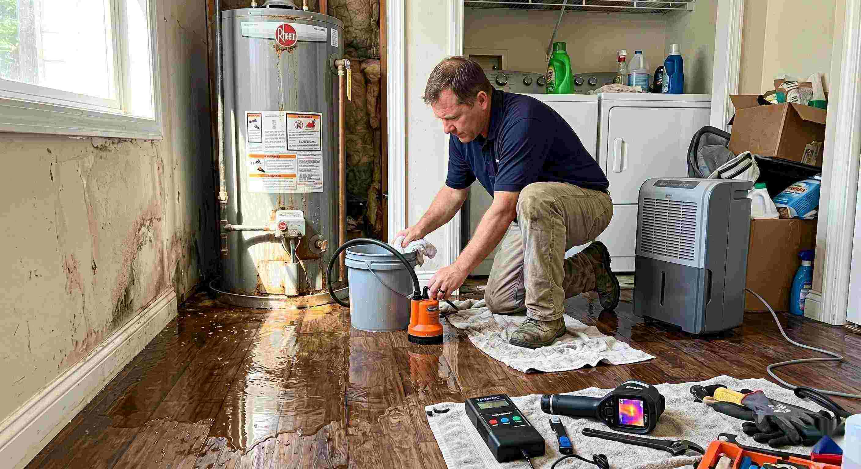 Technician performing water heater leak damage restoration in a home with water pooled on the floor and visible moisture damage in Chesapeake