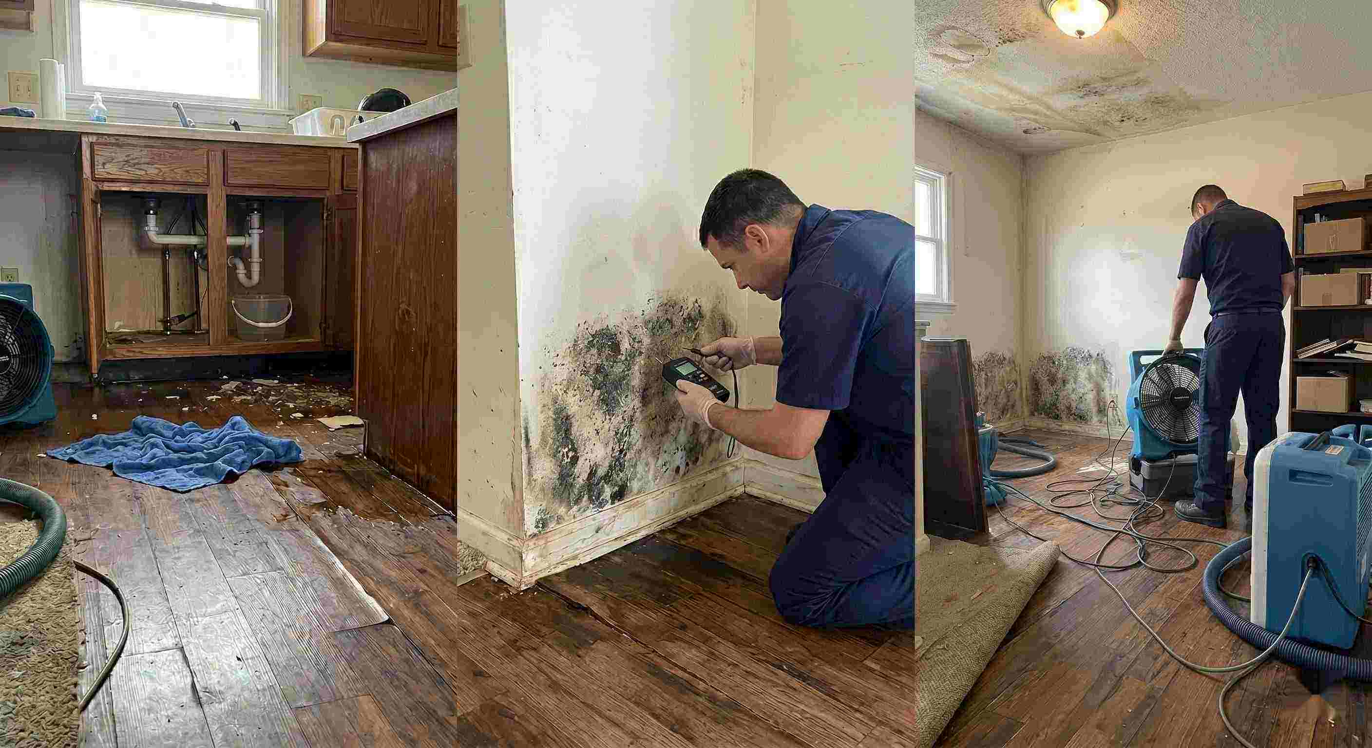 Realistic photo of water leak damage inside a home, showing pooled water, damp flooring, and technicians performing leak damage restoration in Chesapeake.