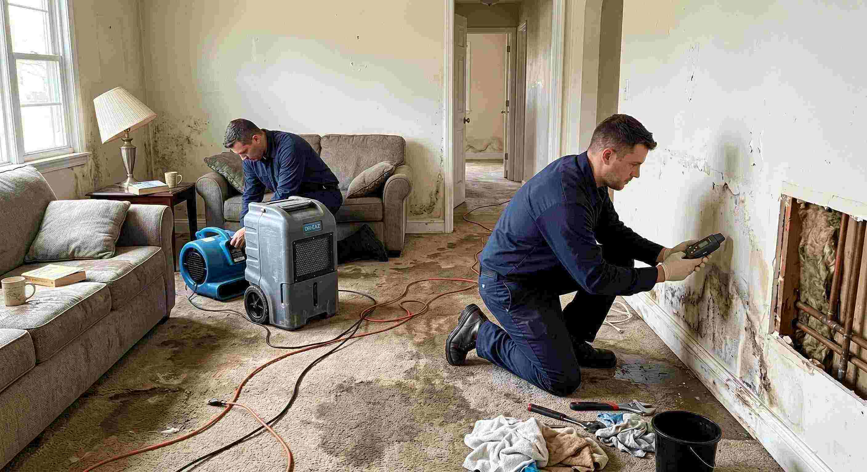 Realistic water leak damage repair scene in a residential home showing technicians locating and repairing a hidden pipe leak in Chesapeake.