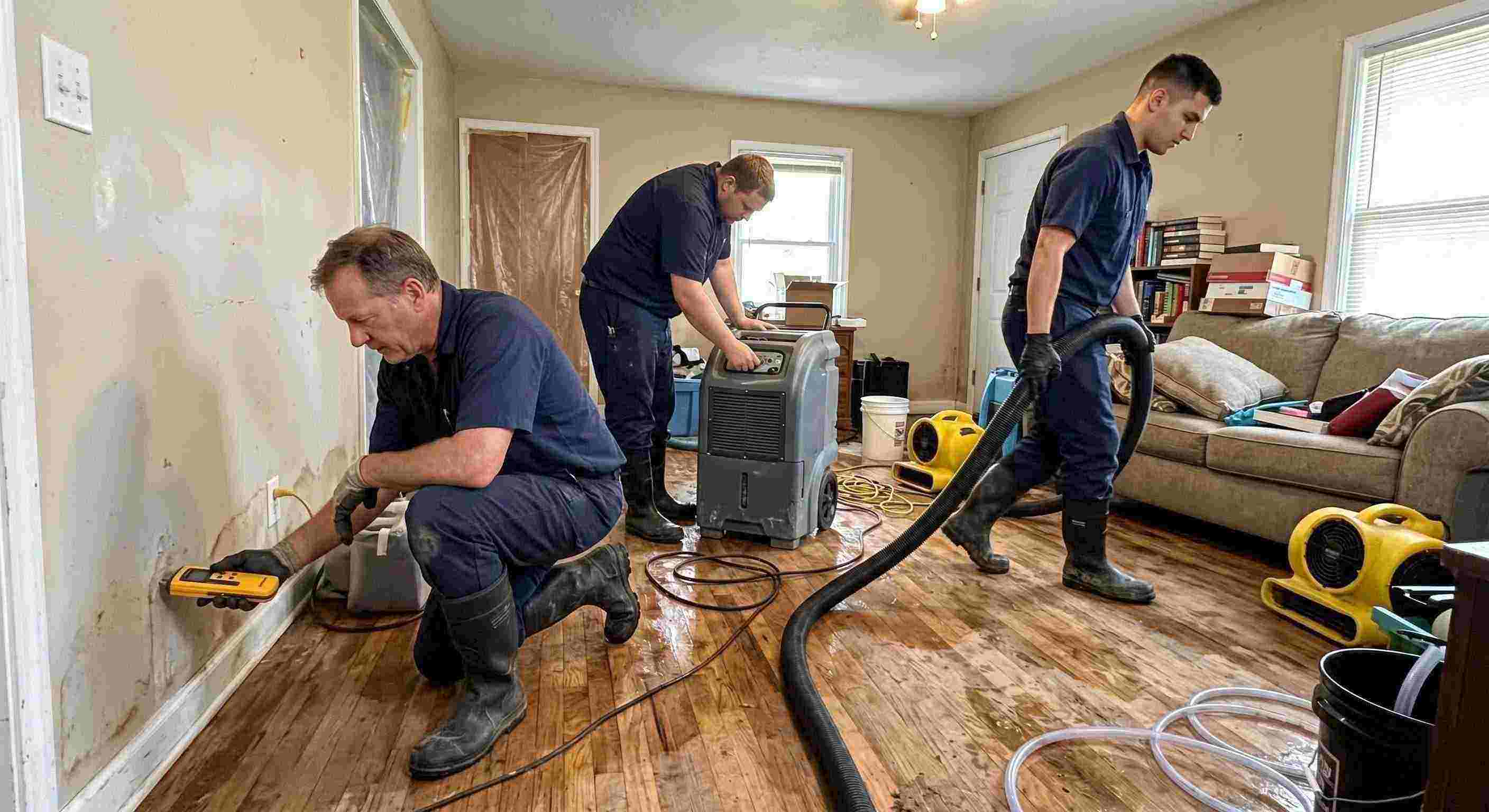 water restoration experts team using professional equipment during water extraction in Chesapeake