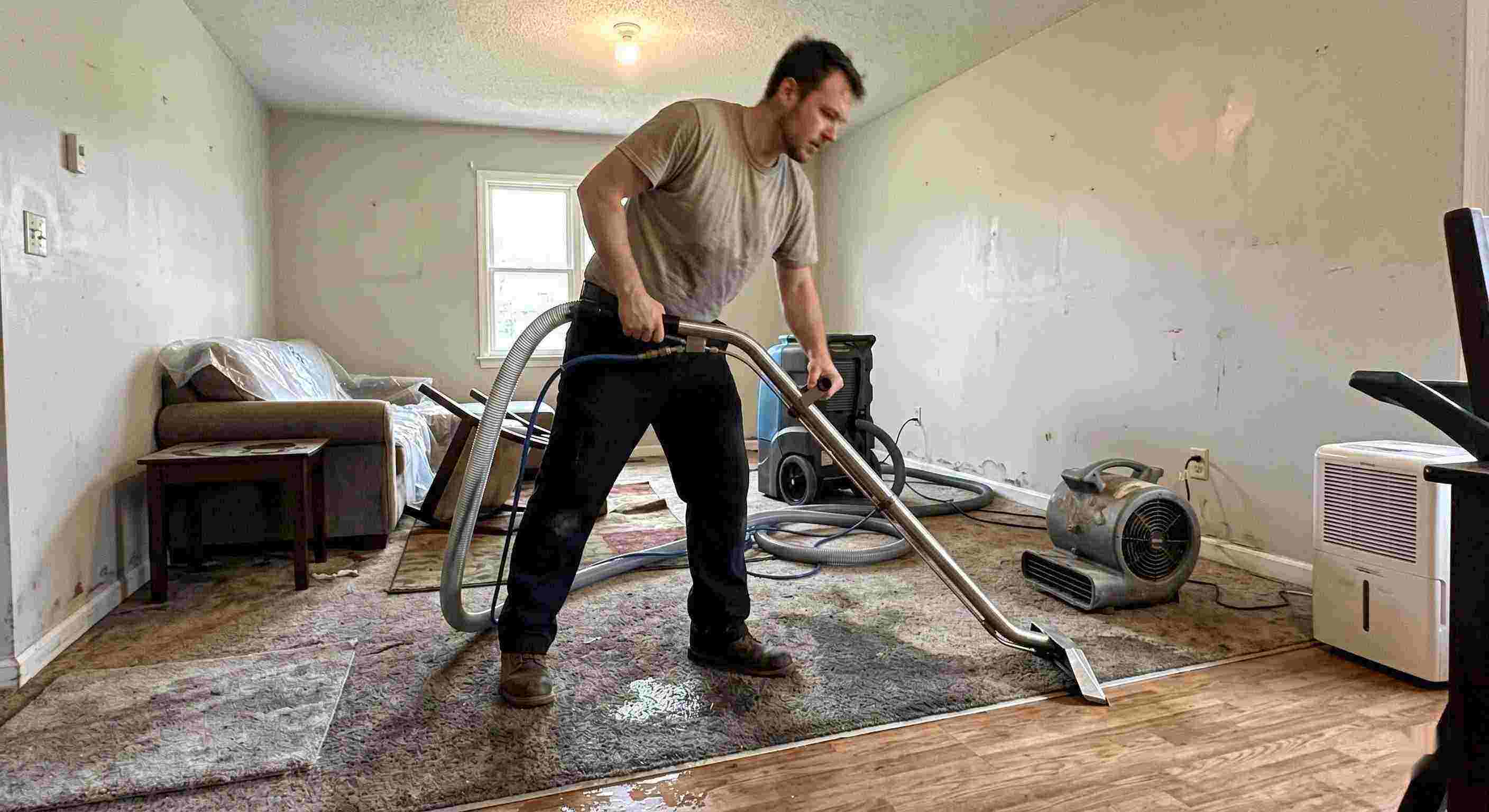 Water extraction technician removing water during restoration process in a residential home in Chesapeake