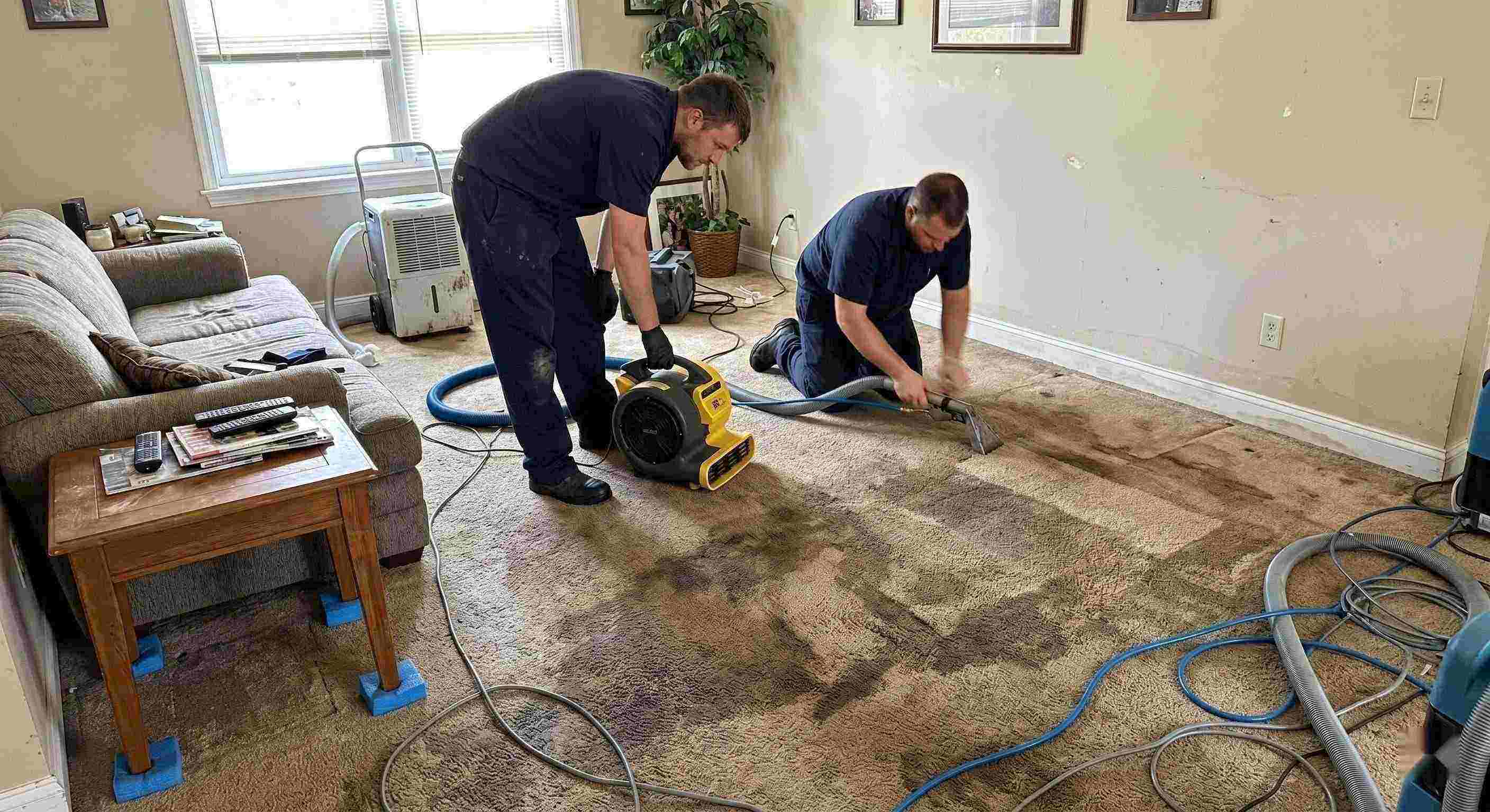 wet carpet cleanup service in Chesapeake removing moisture from soaked residential carpet using extraction and drying equipment