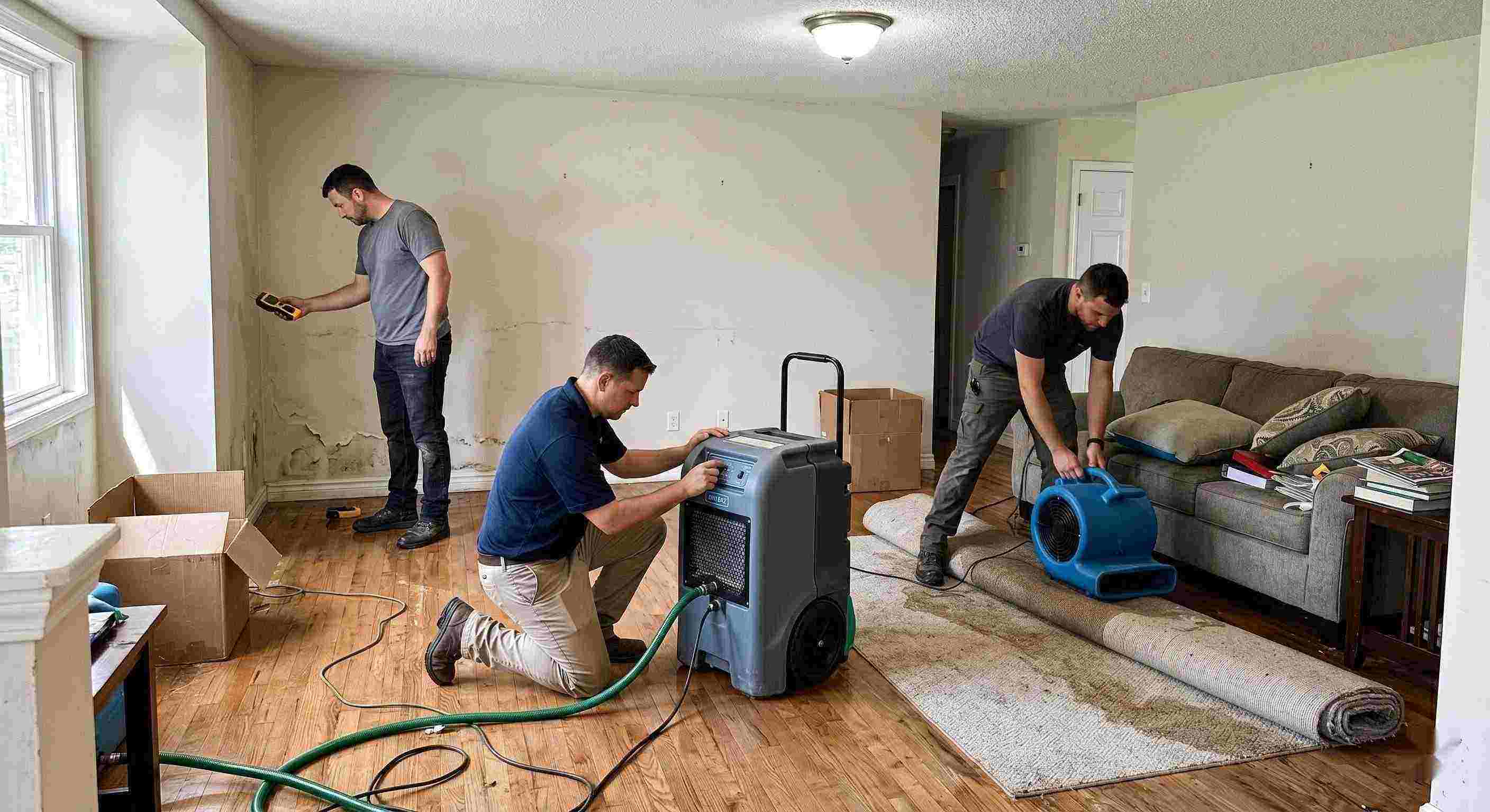 Local flood restoration team working in a water-damaged home, showing equipment and hands-on cleanup process in Chesapeake
