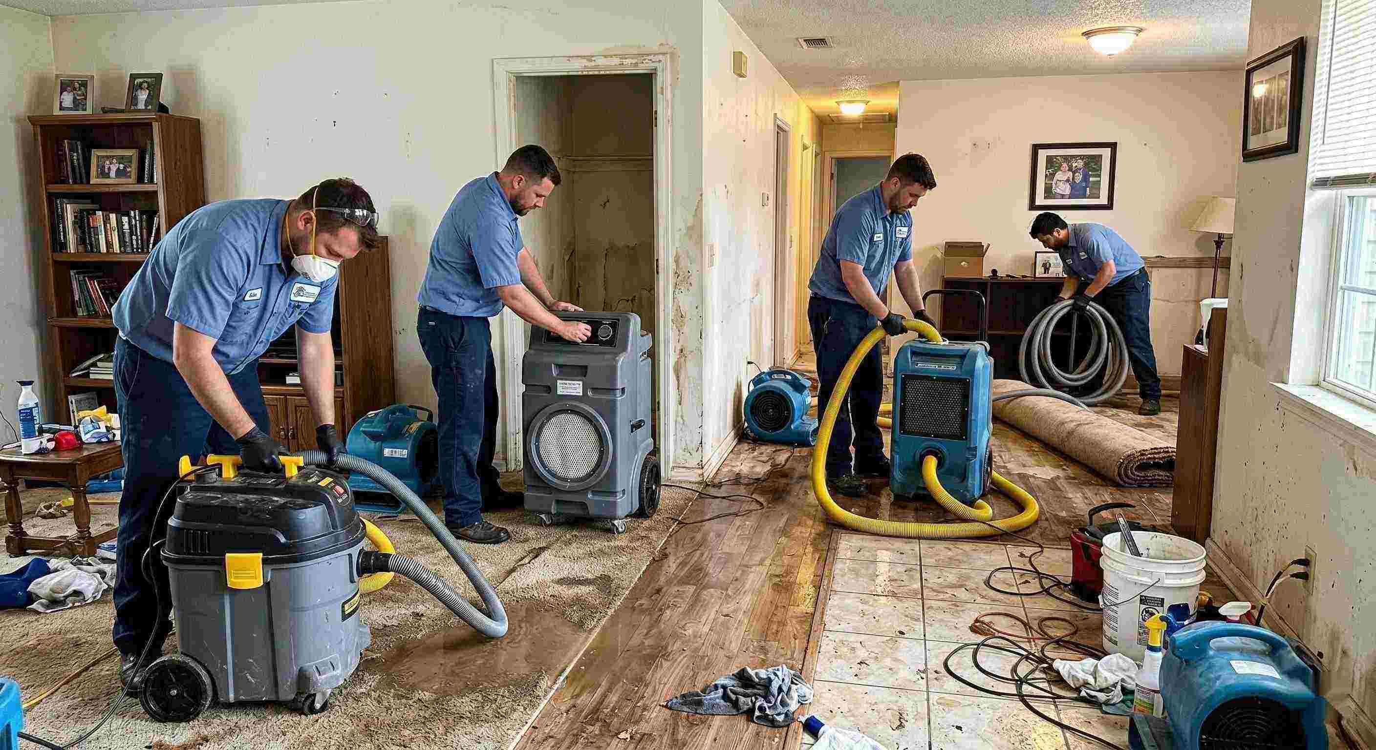 Realistic photo of sewage backup cleanup team using professional equipment in a home interior, showing trust, teamwork, and proper restoration techniques in Chesapeake.